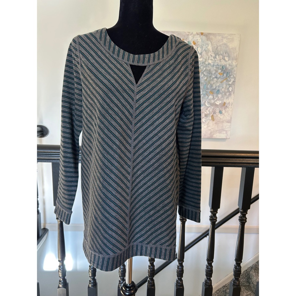 Lynn Ritchie Silver Gray Teal Chevron Stripe Keyhole Tunic Top Small